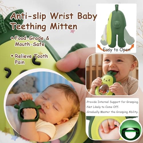 Baby Rattle Teething Toys Silicone Avocado Teething Mitten Sensory Toys for Grasping Chewing Sucking Hearing Needs-Baby Teether for Teething Relief-BPA Free Infant Toys Baby Shower Gifts (Green) — view 2