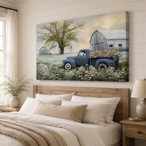 Farmhouse Wall Art, Vintage Barn and White Daisy Florals Picture Canvas Wall Art, Country Old Truck Canvas Prints, Vibrant Spring Landscape Prints for Farmhouse Living Room Wall Decor 24x36 Inches — view 2