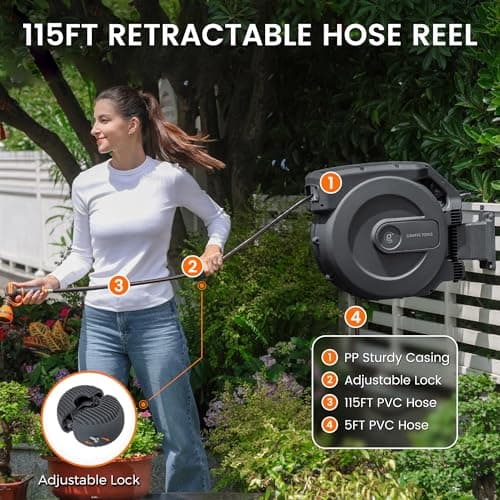 Giraffe Tools AW505/8 Retractable Garden Hose Reel 5/8" x 115+5 ft, Heavy Duty Wall Mounted Water Hose Reel Automatic Rewind, 180 Deg Swivel Bracket, Slow Retraction, 115ft, Dark Grey — view 4