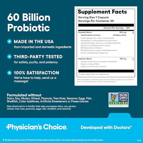 Physician's CHOICE Probiotics 60 Billion CFU - 10 Strains + Organic Prebiotics - Immune, Digestive & Gut Health - Supports Occasional Constipation, Diarrhea, Gas & Bloating - for Women & Men - 30ct — view 6