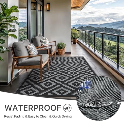 GENIMO 5x8 Outdoor Rug Waterproof, Reversible Mats, Outdoor Area Rug, Plastic Outside Carpet, Geometric Rv Mat for Patio Camping Rv Picnic Backyard Deck Balcony Porch Beach Trailer (Black & Grey)