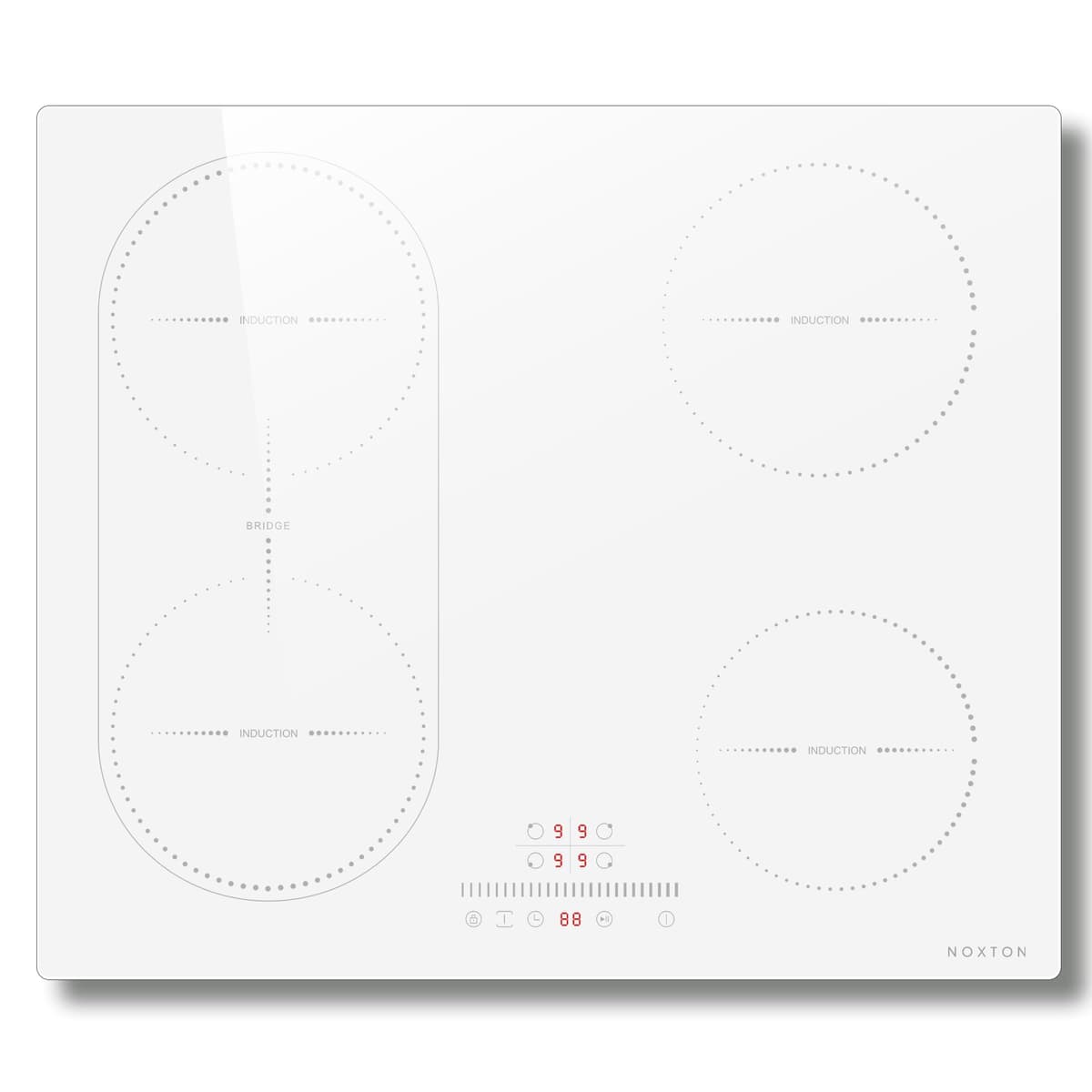 NOXTON Placa Induccion 4 Fuegos con Zona Flexible, Induccion Blanca, Funcion Boost, Controles Deslizantes, Función de Aislamiento Térmico, Cronómetro, 60 cm, 3500 W, con Enchufe