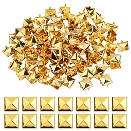 Hoxfly 100Pcs Square Rivets, 10 mm Four Jaw Square Spike Studs, DIY Leathercraft Spike Rivets, Metal Pyramid Rivet Studs for Leather Clothing Shoes Bracelets Handbags DIY Punk Rock Jewelry (Gold)