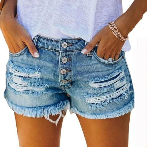 Women's Ripped Denim Jean Shorts Mid Rise 2026 Summer Light Blue