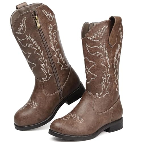 Kids Cowboy Boots Cowgirl Boots For Girls & Boys, Dark Brown Western Cowboy Boots With Side Zipper, Pu Leather Round Toe Little Kid Boots