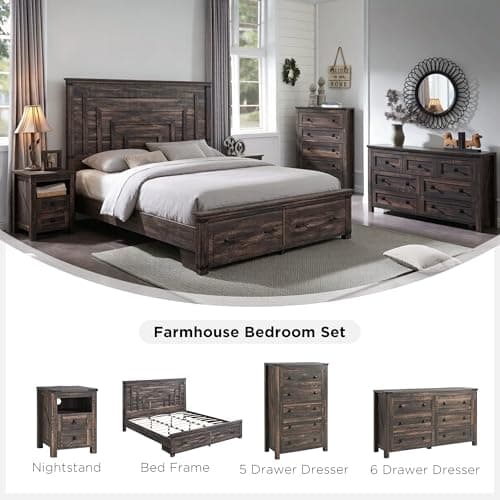 T4TREAM 48" Tall Farmhouse 5-Drawer Dresser for Bedroom, Dark Rustic Oak — view 4