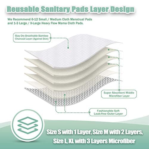 Wegreeco Bamboo Reusable Sanitary Pads (New Pattern) - Cloth Sanitary Pads | Bladder Support & Incontinence Pads | Reusable Menstrual Pads - 6 Pack Pads 1 Cloth Mini Wet Bag Bonus (Medium Luxury) — view 2