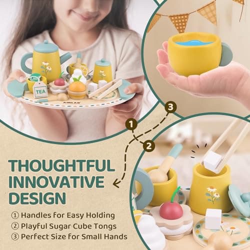 Airlab Tea Sets for Toddlers 3-5 Girl Birthday Gift 2 Year Old Princess Party Wooden Play Food Toy Sets for Kids Kitchen Accessories Age 3 4 5 6 Wood Educational Toys — view 2