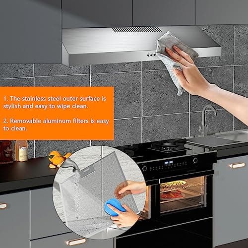 Upgraded 600 CFM Range Hood 30 inch, Under Cabinet Range Hood for Duct/Ductless Convertible, Stainless Steel Kitchen Stove Vent with 3 Speed Kitchen Exhaust Fan and Two Bright Energy-Saving LED — view 5