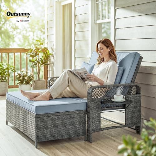 Outsunny 2 Pieces Patio Lounge Chair Set with Cushions, PE Wicker Outdoor Chaise Lounge with Adjustable Backrest, Side Trays and Storage Ottoman, Tanning Chair, Light Grey — view 2