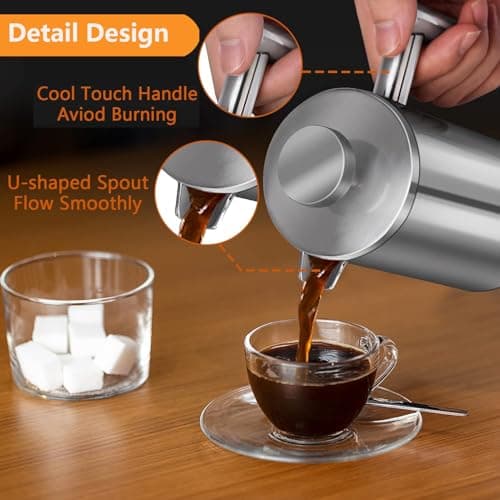 Meelio French Press Coffee Maker, 600ml/20oz Silver Stainless Steel Coffee Press, Double-Wall Insulated, Food Grade & Rust-Free, Included 2 Extra Filters, Dishwasher Safe — view 2