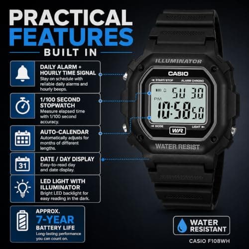 Casio Men's F108WH Illuminator Collection Black Resin Strap Digital Watch — view 2