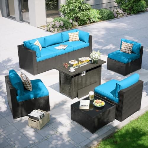 Aoxun Patio Furniture Set with Fire Pit Table, 8 Piece Outdoor Sectional Sofas, Wicker Rattan Outdoor Furniture with Thickened Cushion for Backyard, Garden Peacock Blue