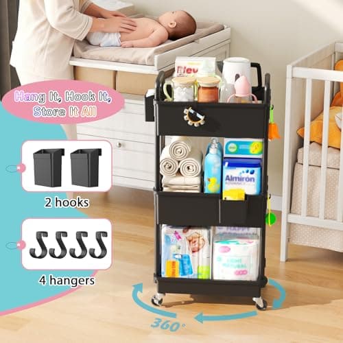 SUNALLY Baby Diaper Caddy Cart, 3 Tier Rolling Diaper Cart with Lockable Wheels for Nursery Essentials, Large Capacity & Easy Assemble Diaper Storage Organizer for Newborn,New Mom, Black — view 3
