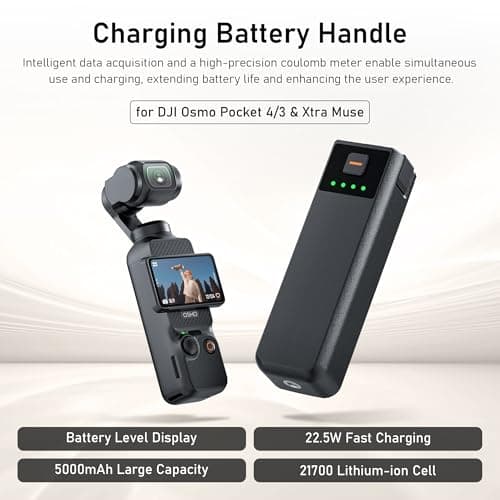 CYNOVA Osmo Pocket 4 Battery Handle for DJI Osmo Pocket 4 Accessories, Pocket 4 Battery Grips Compatible with DJI Pocket 3/Xtra Muse, 5000mAh 22.5W Fast Charging Power and Reserved 1/4”Thread — view 4