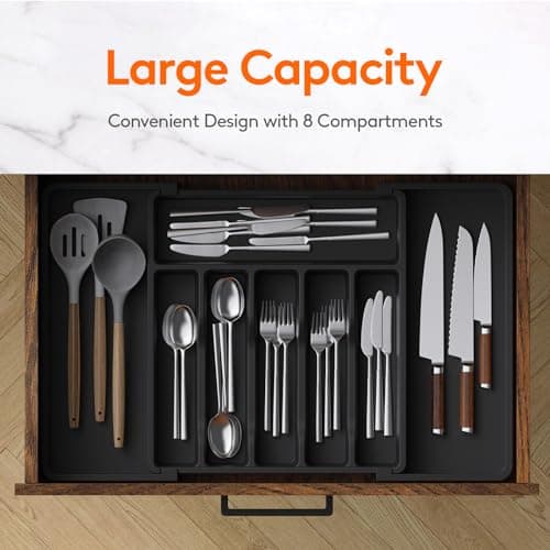 Lifewit Extra Large Cutlery Organizer, Expandable Silverware Drawer Organizer for Kitchen, Adjustable Cutlery Tray Drawer Organizer for Spoon Forks Knives, Cutlery Crocks, 13-22 x 15", Black