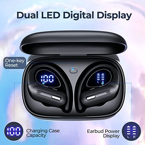 Active Noise Cancelling Wireless Earbuds Bluetooth Headphones 90 Hrs Playtime Ear Buds with Hi-Res Stereo Deep Bass Power Display Earphones with Earhooks Waterproof Transparency Headset Sports/Running — view 3