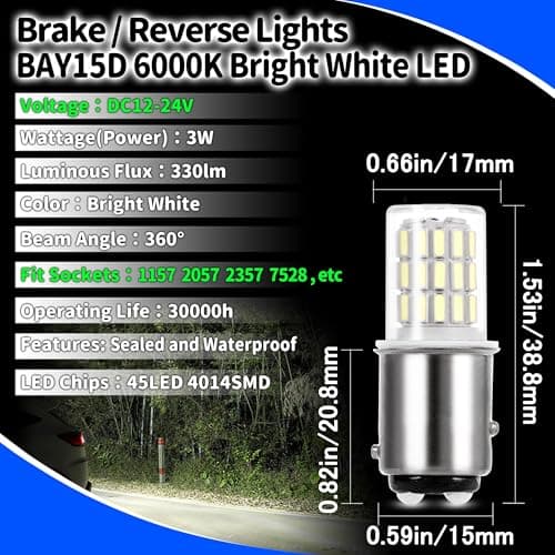 2357 1157 2057 7528 P21/5W Brake Light Bulb for Daytime Running (DRL) and Back-Up/Reverse Lights,12V-24V BAY15D 6000K Bright White LED Bulbs Replacement for RV Car Camper Trailer Tail Brake Stop,2Pack — view 3