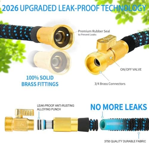 100 ft Expandable Garden Hose with 10 Spray Nozzle - Heavy Duty Superior Strength 3750D - 4 -Layer Latex Core - Expanding Water Hoses - Extra Strong Brass Connectors/Storage Bag