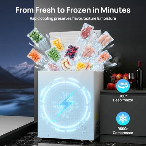 5.1 Cu.Ft Chest Freezer, Small Compact Deep Freezer with Adjustable 7 Thermostat,2 Removable Baskets, Energy Saving, Quiet Top Open Door Mini Meat Freezer with LED Light for Garage Outdoor Home Office