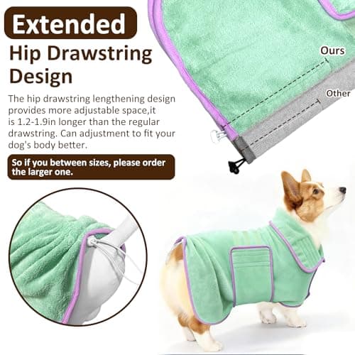Soft Dog Bathrobe Fast Drying Dog Coat, Super Absorbent Dog Towels for After Bath, Microfiber Pet Robe Adjustable Collar & Belly Warm Keeping Dogs Coat for Pet Dogs & Cats (Green, X-Large) — view 2