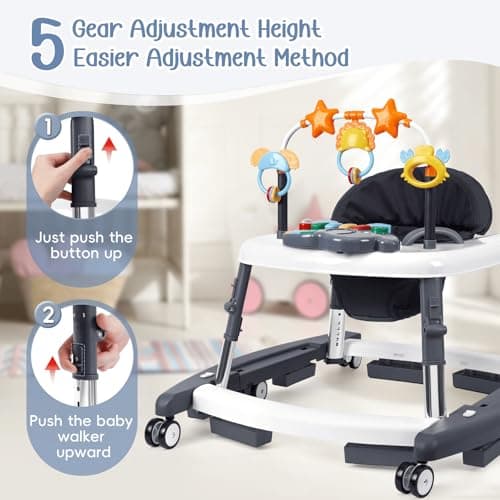CiuseiAnx 5 in 1 Baby Walker Foldable Music and Lights with 5 Adjustable Heights, Baby Walker with Wheels Portable, Infant Toddler Walker for Baby Boy Girls 6-18 Months (D-Grey) — view 2
