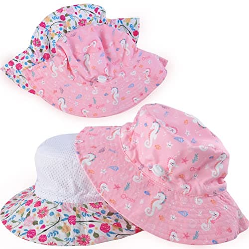 LO SHOKIM Baby Sun Hat 2 Pack Toddler UPF 50+ Summer Sun Protection Wide Brim Bucket Hat Baby Girl Beach Hat Boy Kids Adjustable Cap Summer (Pink Seahorse + Red Rose, M) — view 3