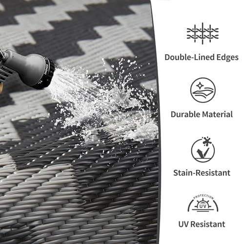 GENIMO 5x8 Outdoor Rug Waterproof, Reversible Mats, Outdoor Area Rug, Plastic Outside Carpet, Geometric Rv Mat for Patio Camping Rv Picnic Backyard Deck Balcony Porch Beach Trailer (Black & Grey) — view 4