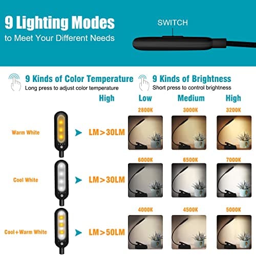 VAVOFO Rechargeable Reading Light, 7 LEDs with 9 Color Temperature 9 Brightness Levels Clip On Book Light for Reading in Bed with Power Indicator for Bookworms (Black) — view 2