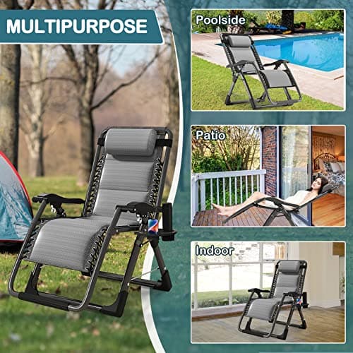 NAIZEA Padded Zero Gravity Chair, Cooling Fabric Folding Outdoor Lounge Chairs, Adjustable Reclining Camping Chairs with Cup Holder, Ergonomic Patio Lawn Chair for Balcony Beach Deck Yard — view 2