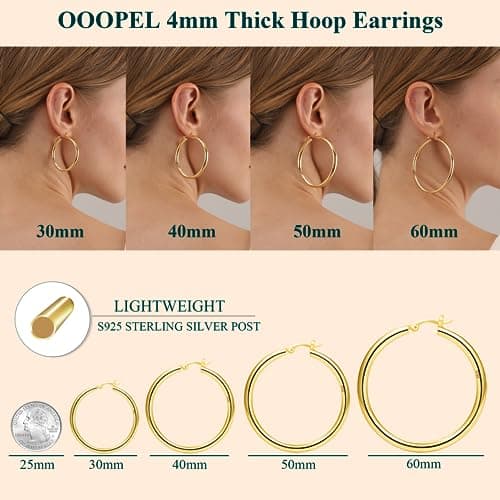 4mm Thick Gold Chunky Earrings Steling Silver Post Hoops Earrings For Women Hollow Tube Hoops Earrings Thick Golden Hoop Earrings Hypoallergenic Lightweight Gold Hoop Large Earrings 20/30/40/50/60MM — view 2