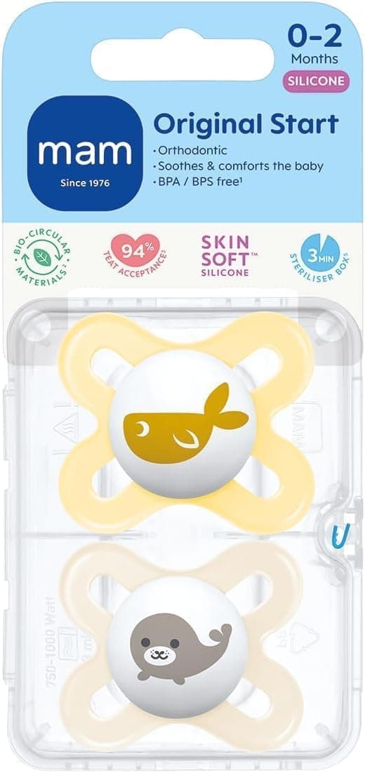 MAM Original Start Soothers | 0-2 Months | 2 Pack | Newborn Dummies | Comes in Dummy Steriliser Case | Sustainable Materials | Baby Accessories for Newborn | Buttercup/Cream (Various Designs) — view 2