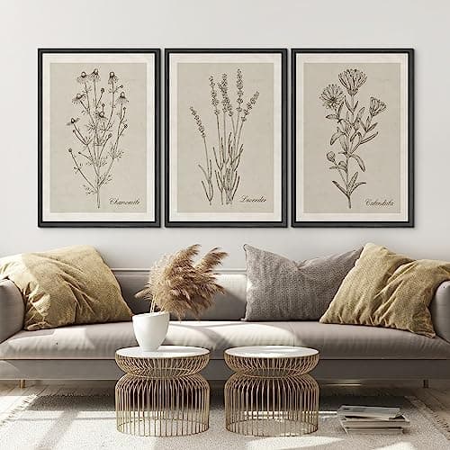 NWT Framed Canvas Print Wall Art Set Retro Vintage Antique Garden Wildflowers Nature Wilderness Illustrations Modern Art Decorative Minimalist Floral Botanical Flowers for Bedroom - 24"x36"x3 Black — view 2