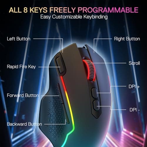 Redragon M810 MAX 3-Mode Wireless Gaming Mouse, 12000 DPI Wired/Wireless RGB Mouse w/Rapid Fire Key, 8 Macro Buttons, 188-Hour Reliable Power Capacity for PC/Mac/Laptop — view 5