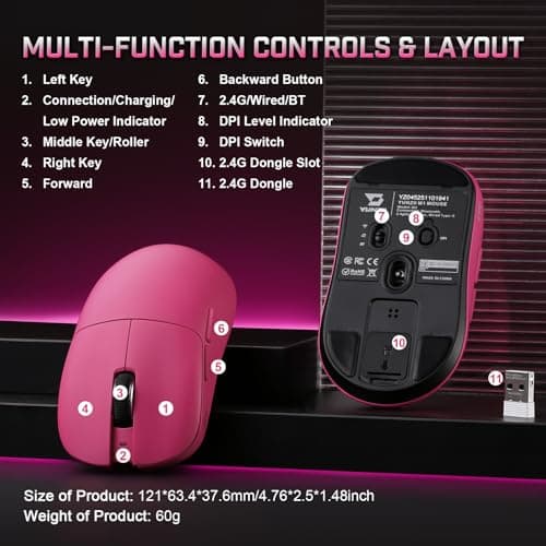 YUNZII M1 Wireless Gaming Mouse, Tri-Mode 2.4G/BT/Wired Gaming Mouse, PAW3311 Sensor 10000 DPI Rechargeable Wireless Mouse with 5 Programmable Buttons, Customizable via Software for Win & Mac (Pink) — view 4