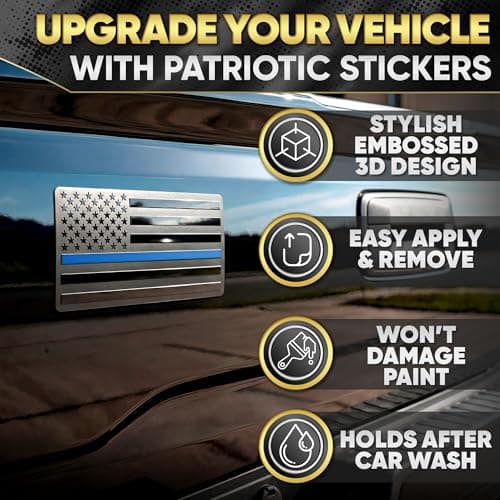 3D Black American Flag Decal for Car with Blue Line | Embossed Aluminum – 1 Pair 5"x3" Matte Black Brushed Metal | UV-Proof Rust-Free US Flag Stickers for Car, Truck, SUV, Motorcycle, Laptop, Mailbox — view 3
