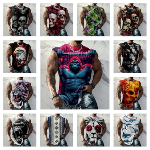 Workout Tank Tops for Men Lion Print Gym Muscle Loose Fit Oversized Casual Funny Sleeve Shirts Crewneck Cotton Retro Novelty Summer Beach Vacation Cool Quick Dry Tops,5XL — view 2