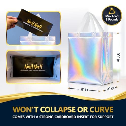 Nush Nush Iridescent Gift Bags Medium Size – Set of 12 Holographic Reusable Gift Bags With Handles - Perfect Goodie Bag for Birthday Party Favors, Bachelorette Gifts, Christmas Gifts – 8Wx4Dx10H — view 2