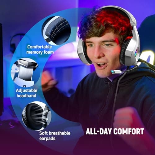 Ozeino Gaming Headset for PC Ps4 Ps5 Stereo Gaming Headphones with Flexible Noise Cancelling Microphone, Soft Memory Earmuffs, LED Light for Xbox Series X/S, Switch, Laptop, Mac, Phone — view 3