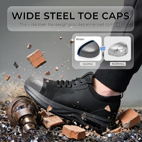 Ulogu Wide Steel Toe Shoes for Men Waterproof Thick Sole Non Slip Safety Sneakers Comfortable Puncture Proof Indestructible Work Shoe Black