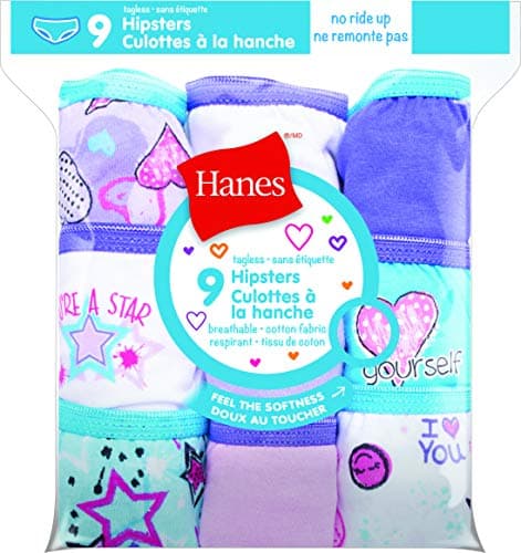 Hanes Girls 9 Pack Tagless Hipster Panties, Assorted, 8 US