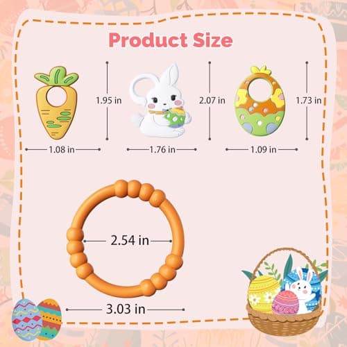 Easter Baby Teething Ring Toys for Baby, Silicone Teether with Textured Carrot, Bunny and Egg, BPA-Free, Safe and Soft for Chewing, Teething Toys for Easter Basket Stuffers&Easter Gifts, 0-12 Month — view 3