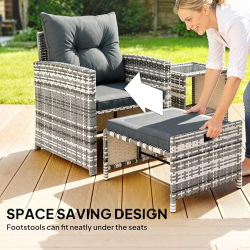 Outsunny 5 Piece Patio Furniture Set, Wicker Patio Chairs with Ottomans, 2-Tier Glass Coffee Table, Cushions, Outdoor Furniture Conversation Set for Balcony, Grey/Dark Grey — view 2