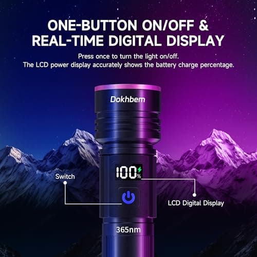 Dokhbem 365nm UV Flashlight Rechargeable 2 Pack, Black Light Flashlight with LCD Display, Powerful Ultraviolet Lights for Pet Urine Detection, Resin Curing, Rockhounding, Scorpion, Uranium Glass — view 2