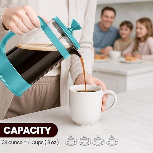 Utopia Kitchen French Press Espresso and Tea Maker with Triple Filters, Stainless Steel Plunger and Heat Resistant Borosilicate Glass (Aqua, 34-oz (Pack of 1)) — view 5