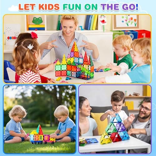 Magnetic Tiles, 122PCS Magnetic Building Blocks with 2 Cars, Large Magnet Building Set,STEM Sensory Educational Toys Gift for Toddlers Kids Boys Girls. — view 5