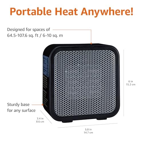 Amazon Basics Ceramic Portable Mini Space Heater for Office Desk, Indoor Use, Fast Heating, Energy Efficient, 500W, With Tip-Over Protection, Lightweight 1.4 lbs, Black, 5.87"D x 3.15"W x 5.95"H — view 2