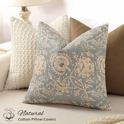 Vintage Floral Print Throw Pillow Covers 18x18 Set of 2 Neutral Modern Farmhouse Pillowcases Accent Decorative Cushion Covers Boho Home Decor for Couch Sofa Chair Bed Living Room, Sky Blue