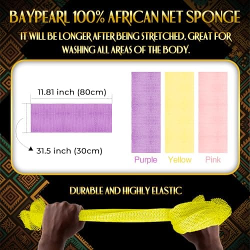 UJFQBH 3 Pieces African Bath Sponge African Net Long Net Bath Sponge Exfoliating Shower Body Scrubber Back Scrubber Skin Smoother,Great for Daily Use (Pink,Yellow,Purple) — view 2