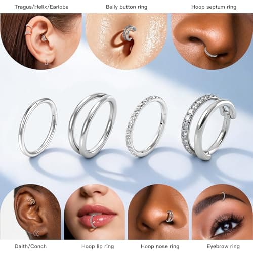 TOOUT Titanium Nose Rings 4pcs, 18g Double Hoop Nose Ring for Women Men, Hypoallergenic Septum Rings Septum Hoop Daith Cartilage Conch Ring Tragus Helix Rook Piercing Jewelry 8mm — view 6
